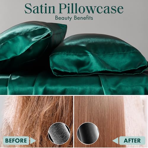 Image of Madison Park Essentials Satin Pillowcase Set of 2, Silky, King Emerald
