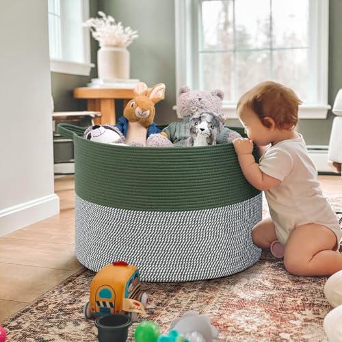 Image of INDRESSME 115L Extra Large Cotton Rope Blanket Basket, Home Decor Laundry Storage Basket for Organizing Bedroom, Living Room, Nursery, Toy Storage for Colthes Towel, Green