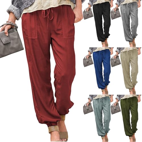 Straight Leg Linen Pants for Women Ankle Length Lightweight Summer Beach Trosuers Casual Elastic Waist Travel Pants