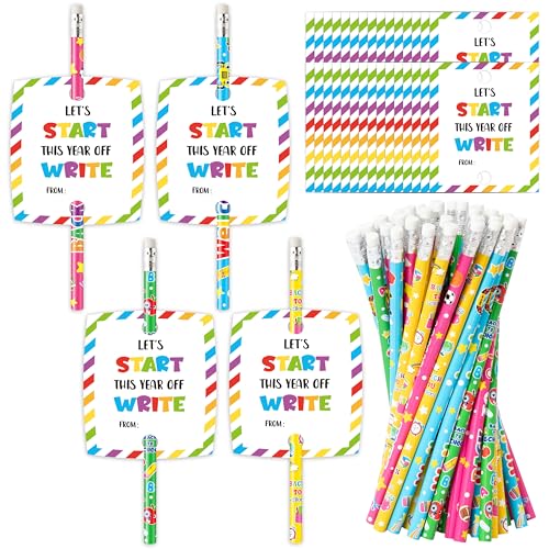 Xqumoi 60 Pack Back to School Pencils Gift Set with Greeting Cards - First Day of School Pencils with Welcome Cards in Bulk Party Favors Classroom Student Rewards Bag Fillers