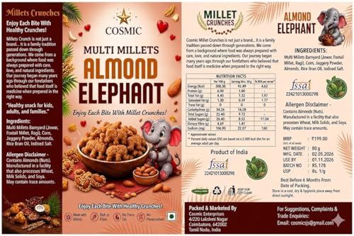 Image of Cosmic Millet Crunches Almond Elephant | Healthy Multi Millet Snack for Kids & Adults | Sweetened with Natural Jaggery | Almond Flavour | Rich in Fibre | 80g