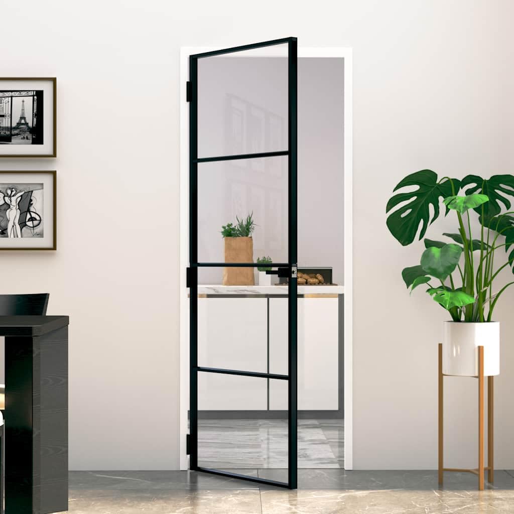 Porte d intérieur Noir 76x201,5 cm Trempé verre aluminium fin