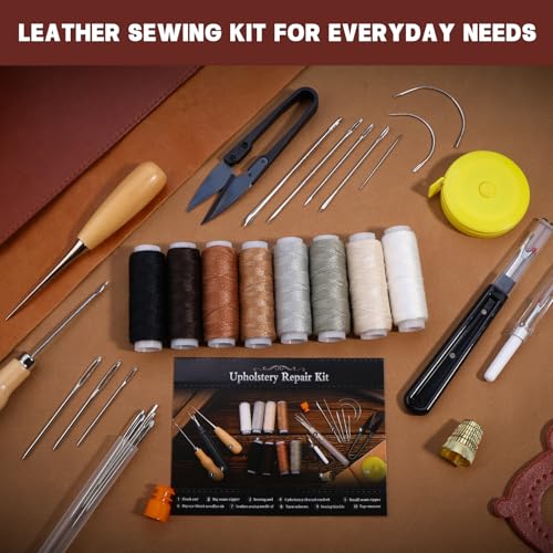 bagerla upholstery repair sewing kit heavy duty sewing kit with awl tools seam ripper hand stitching needles upholstery thread leather craft tool kit for shoes sofa tent carpet leather craft diy