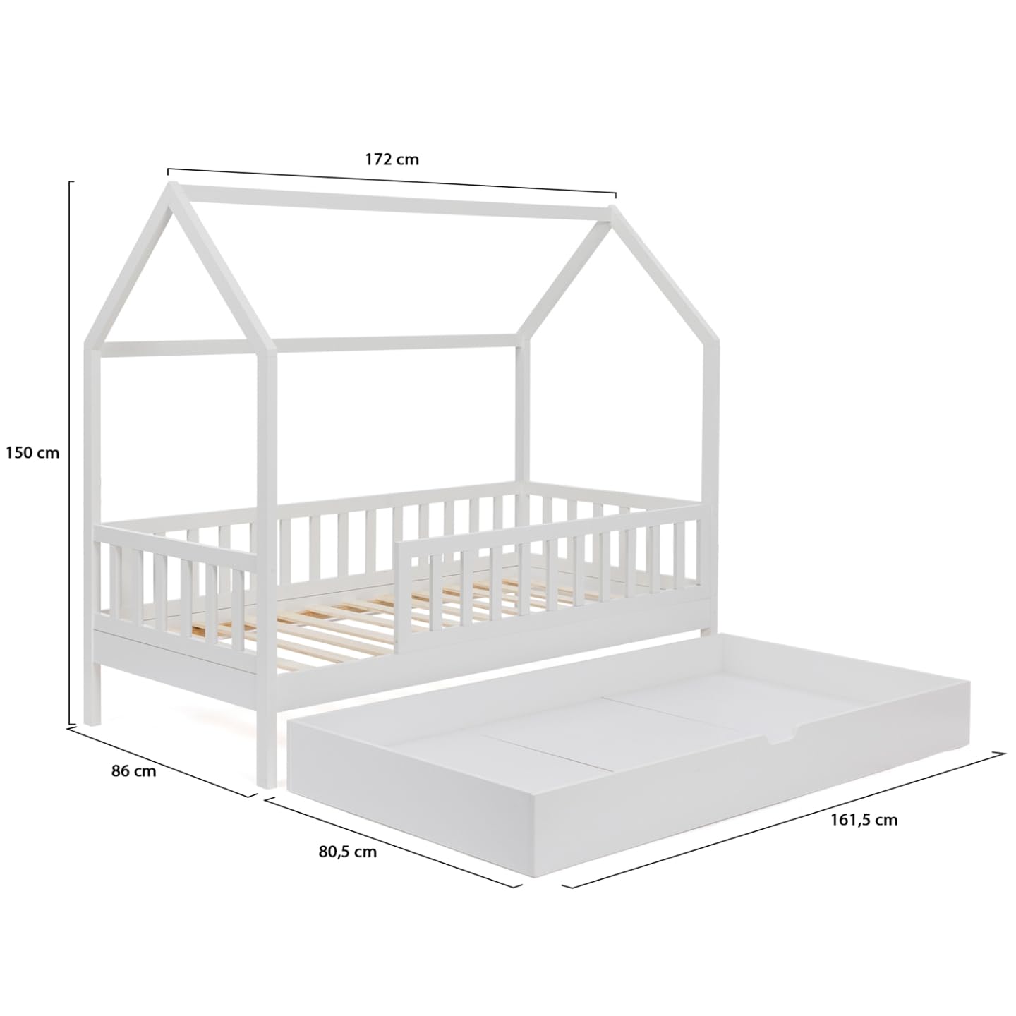IDMarket – Cama cabaña infantil 80 x 160 cm, color blanco con 1 cajón nido y almacenamiento