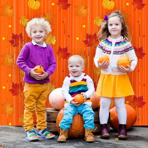 Image of Tiamon Fall Thanksgiving Party Decorations 2 Pack Orange Maple Leaves Pumpkins Pattern Photo Booth Props 3.3 x 6.6 ft Foil Fringe Curtains for Autumn Thanksgiving Birthday Baby Shower Backdrop Decor