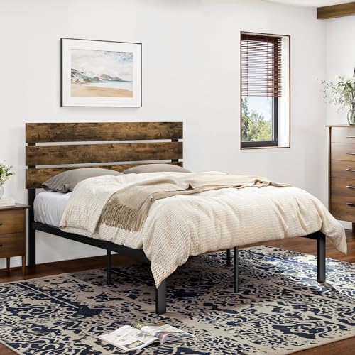 Image of SHA CERLIN Full Size Bed Frame with Rustic Wooden Headboard,3 Boards Design, Heavy Duty Metal Slats Support Platform, No Box Spring Needed, Dark Brown