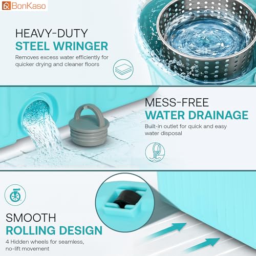 Image of BonKaso Plastic Spin Mop Bucket, Moppers for Cleaning Floor, Mop Set Extendable Handle, Removable Steel Wringer 360 with Floor Cleaner Mopping Stick (Square Steel Wrangler Mop Set)