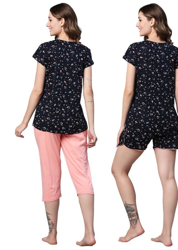 Image of AV2 Women Cotton Printed 3 Piece Nightsuit Capris Set 2315