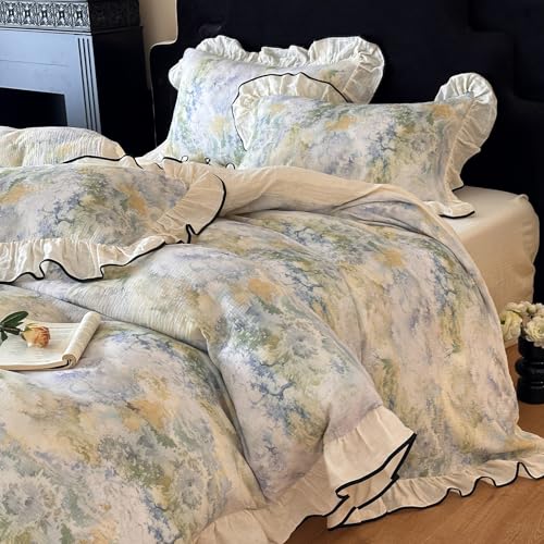 VM VOUGEMARKET Muslin Cotton Duvet Cover Set King Shabby Watercolor Duvet Cover with Ruffles Soft Linen Like Gauze Comforter Cover with Zip Closure and Corner Ties- 104"x90"