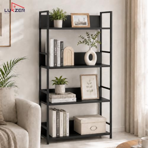 Image of Lukzer 4-Tier Multipurpose Kitchen Organizer Rack (MMR-001 /Black & Black) Metal Frame with Engineered Wood Storage Rack, Bookshelf Stand for Living Room, Bedroom & Office (112 x 58.5 x 23.5 cm)