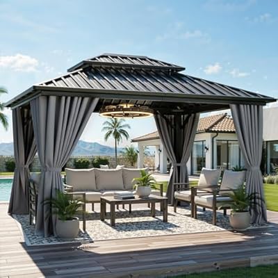 YITAHOME 10X12FT Hard Top Gazebo Aluminum Frame Patios Double Roof Canopy Garden Metal Gazebo Tent Curtains Netting for Patios Backyards Decks Lawns, Gray