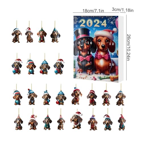 Weihnachtsbaum Dackel Anhänger Adventskalender 2024, 24-Tage-Weihnachts-Countdown-Kalender Dackel Anhängerbox Für Erwachsene, Kinder, 2D Acryl Dackel Hängeanhänger, Weihnachtsbaumschmuck