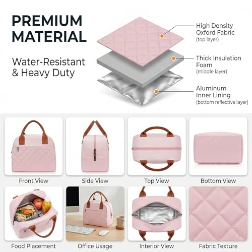 Image of SaleOn 7.5 LTR Thermal Insulated Lunch Bag for Women & Girls | Stylish Tiffin Bag | Big Size Food Carrier Tote for Office, College, School | Pink Travel Lunch Box Pouch with Handle (Pink)