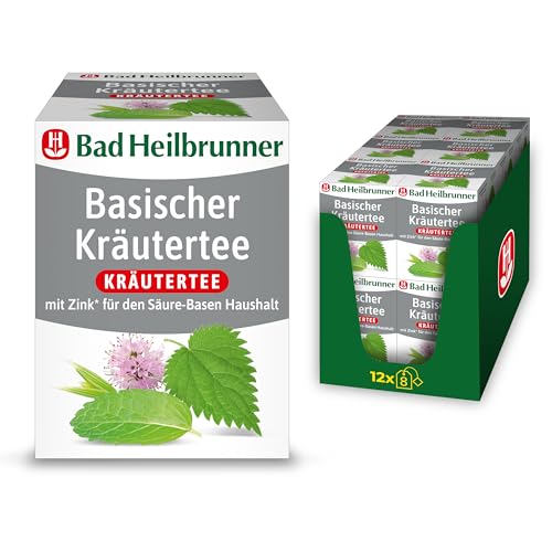 Bad Heilbrunner Basischer Kräutertee – Kräuterteemischung mit Brennnessel, grünem Haferkraut und Zink zur Unterstützung des Säure-Basen-Haushalts, (12 x 8 Filterbeutel)