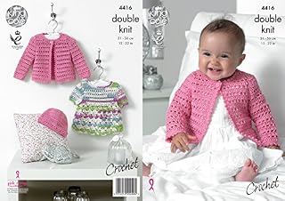 King Cole Baby Double Knit Crochet Pattern Lace Effect Dress Cardigan & Hat Cherished DK (4416)