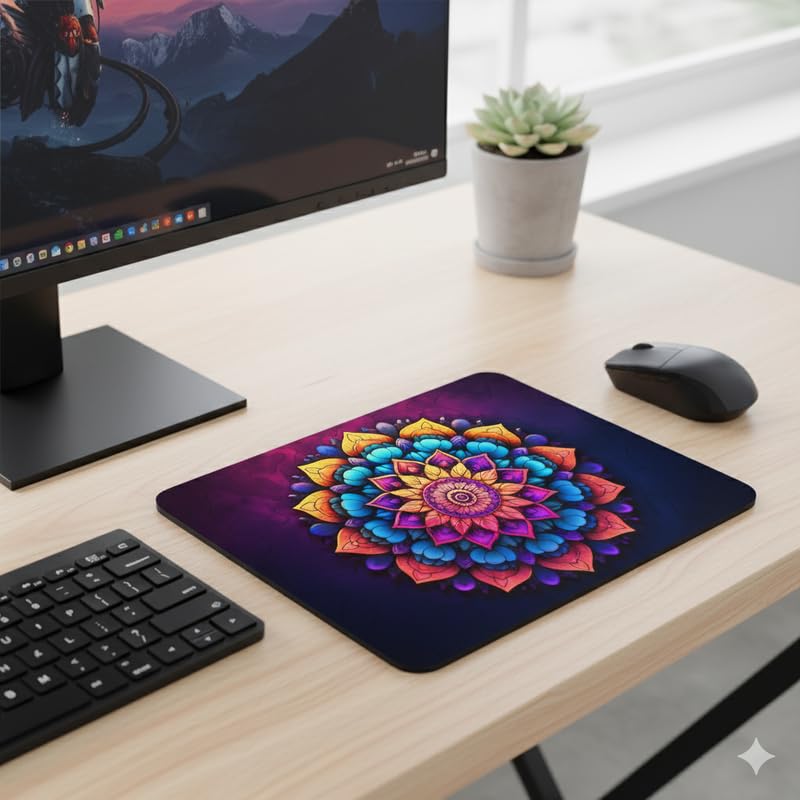 Image of Shivor Artistic Mouse Mat | Neon Mandala Pattern with Dark Aesthetic Theme | Precision Tracking Cloth Surface | Anti Slip Rubber Base Stability | Stitched Edges | for Gaming Work Study Setup