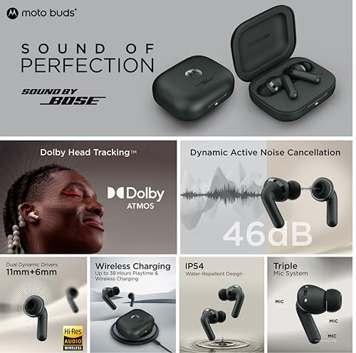 Image of Motorola Moto Buds+ (Forest Grey) | Sound by Bose | ANC up to 46 dB | Dual Drivers 11mm+6mm | Dolby Head Tracking | LHDC Hi-Res | 38 hrs Total | Fast & Wireless Charging | IP54 | BT 5.3, multipoint