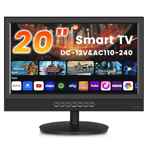 Jexiop 20inch Smart TV,Full HD 1080p LED Flat Screen with ATSC TV,with Built-in HDMI/USB/DC-12IN -Suitable for Kitchen Kid's Room Basement or RV Camper