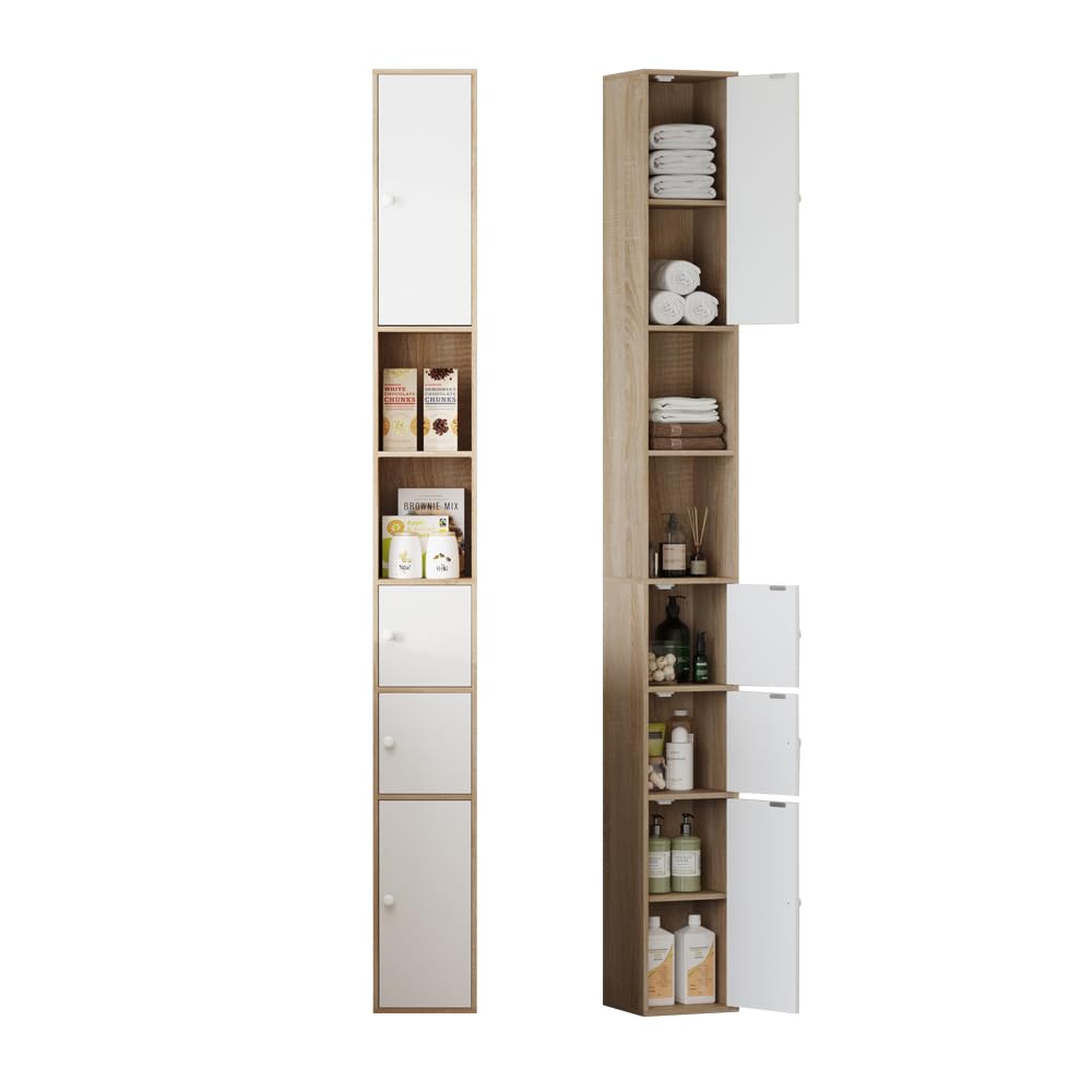 Rainbow Tree Tall&Slim Bathroom Cabinet with 4 Doors&2 Open Shelves, Slim Bathroom Storage Cabinet, Bathroom Storage Unit Narrow Cupboard 20x20x180cm (White+Walnut)
