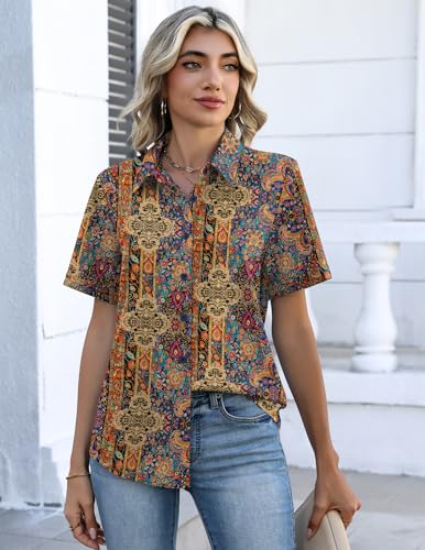 Image of Zeagoo Button Down Shirts for Women Short Sleeve Collared Tops Dressy Casual V Neck Blouses