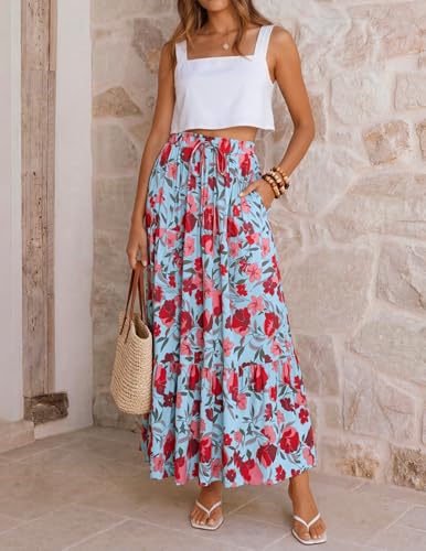 Image of ZESICA Women's 2026 Summer Bohemian Floral Printed Elastic Waist A Line Maxi Skirt with Pockets