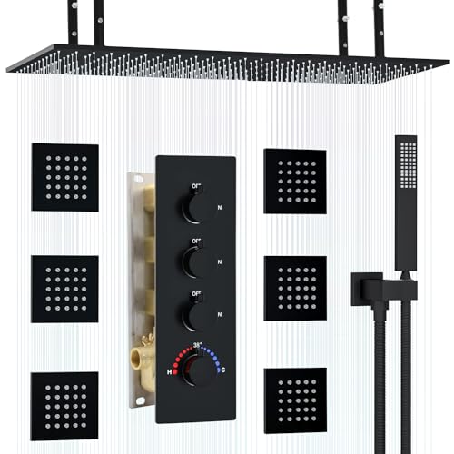 Enga Multi Shower Head System with Body Jets, 16x32 inch Ceiling Shower Head Full Body Coverage Thermostatic Rain Shower System, Can Use All Functions At a Time (Volume Adjustable), Matte Black