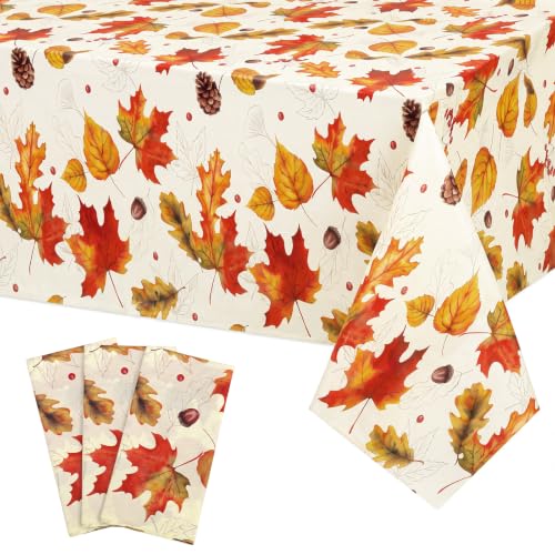 Image of 3Pack Fall Plastic Tablecloths, 54 X 108In Autumn Maple Leaves Tablecloth | Disposable Thanksgiving Table Cloth, Waterproof Table Cover for Autumn Thanksgiving Harvest Picnic Indoor Outdoor Party