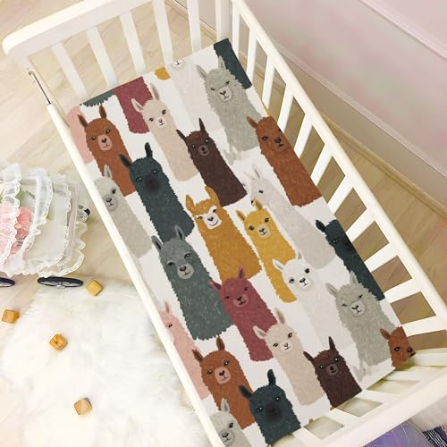 Image of Llama Face Crib Sheets Soft Breathable Fitted Baby Crib Sheets Mattress Cover for Girls Boys, 52 inch x 28 inch x 9 inch