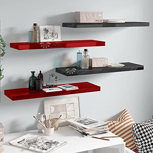 Image of Aries Wooden Floating Wall Shelf| Wall Rack Shelf | Wall Mount for Living Room, Bedroom, Kitchen (Set of 4 Black and Red, Large)