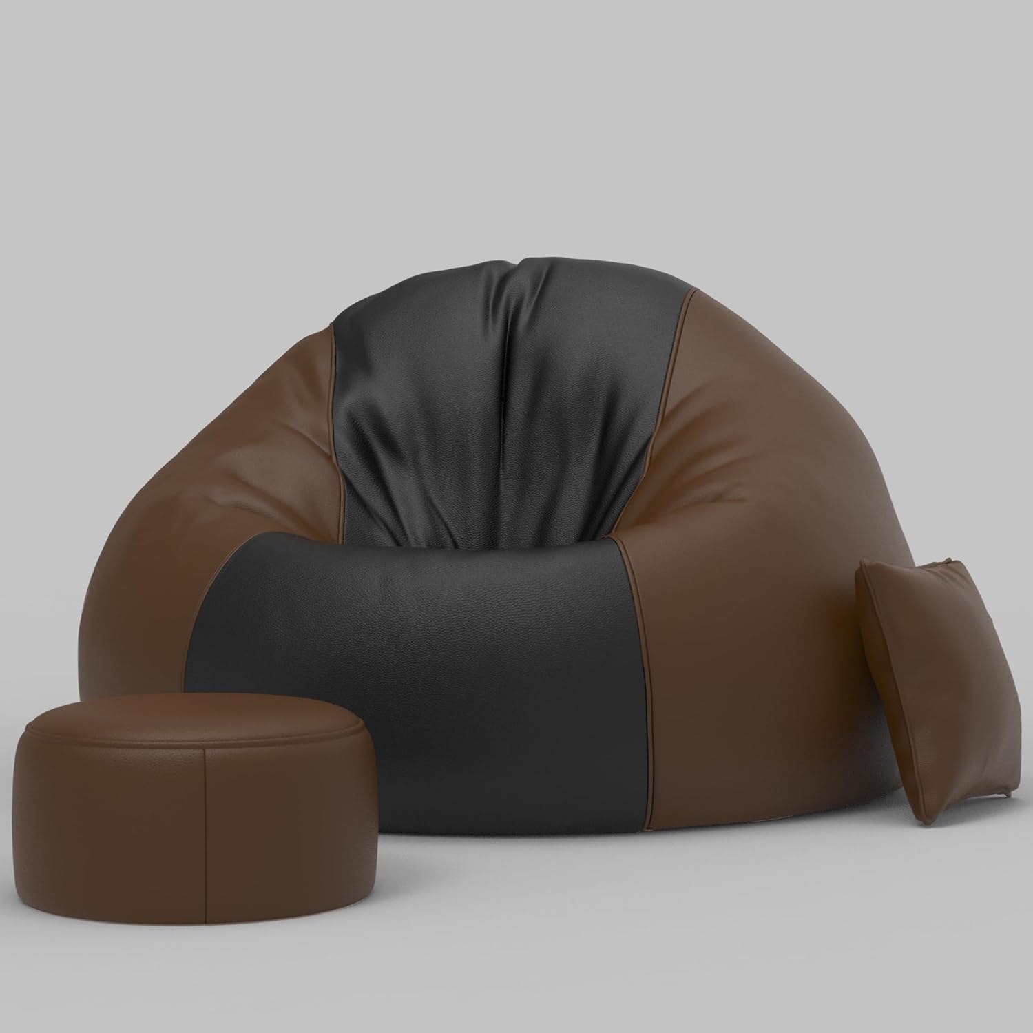 Metro Kreations 4XL Tear Drop Bean Bag Chair with Footrest & Pillow | Premium Leatherette Bean Bag Cover (Without Beans) | Brown and Black | Upto 150 Kg Capacity | Living Room Lounger 3