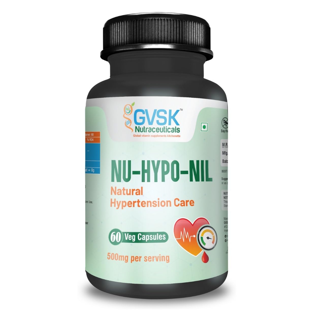 GVSK NU-HYPO-NIL Natural Hypertension Care Capsules β Ayurvedic Blood Pressure & Heart Health Support Supplement with Herbal Ingredients for Healthy Circulation & Overall Wellness β 60 Vegan Capsules