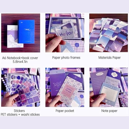 Image of VOTDOT (346Pcs) Paper Junk Journal & Scrapbook Kit, Scrapbooking Supplies Kit with Creative Decor Journaling Supplies, Stationery, Stickers, A6 Grid Notebook with Graph Ruled Page Gift for Girl & Adult (purple moon light)