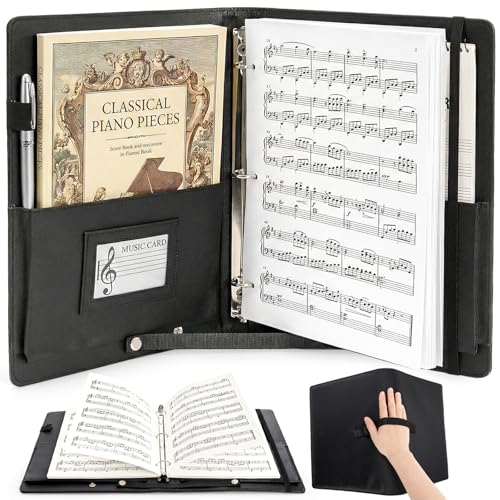 Nagpew Sheet Music Folder, 3 Ring Choir Music Holder with Adjustable Handle Strap, 13'' x 10'' PU Leather Black Piano Sheet Binder Organizer for 8.5'' x 11'' Letter Size, A4 Paper (Pages Not Included)