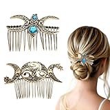 ROKZELT 2 Stücks Haarkämme für Damen Wikinger Deko, Feiner Haarkamm mit grünen Halbmond-Steinen, Elegantes Haarkamm-Stirnband – Hochzeits-Tiara für Frauen, Mädchen, Brautjungfern