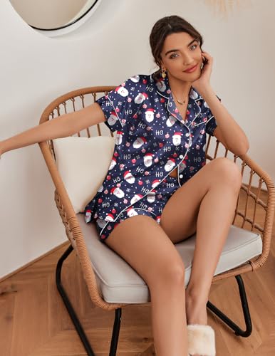Image of Ekouaer Silk Pajamas for Women Short Sleeve Sleepwear Soft Button Down Loungewear 2 Piece Satin Pjs Shorts Set