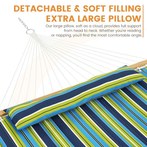 Image of Lazy Daze Double Quilted Hammock with Pillow and Carabiners, Green Stripe | 12FT 2 Person Outdoor Hammock with Hardwood Spreader Bars and Chains for Outside, 450lbs Weight Capacity