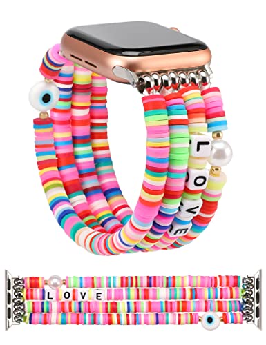 TOYOUTHS Heishi Beaded Bracelet Compatible with Apple Watch Band Cute Stretch Girl Women Summer Beach Surfer Clay Preppy Jewelry Band for Iwatch 41/40/38mm Series SE 9 8 7 6 5 4 3 2 1