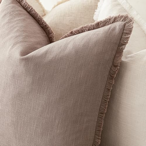 Image of Foindtower Set of 2 Decorative Linen Fringe Throw Pillow Covers Boho Farmhouse Cushion Cover with Tassels Soft Accent Pillowcase for Couch Sofa Bed Living Room Home Decor,18x18 Inch,Dusty Pink