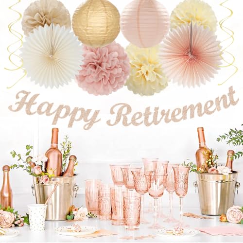 Image of Champagne Gold Beige Happy Retirement Banner Party Decorations Burgleda