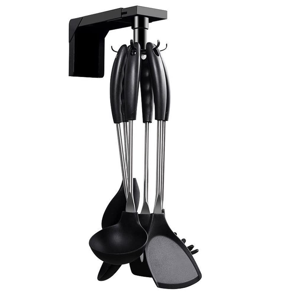 Juego de Utensilios de Cocina con Soporte: 6 Piezas de Silicona Negra Antiadherente, espátula y Utensilios Esenciales.