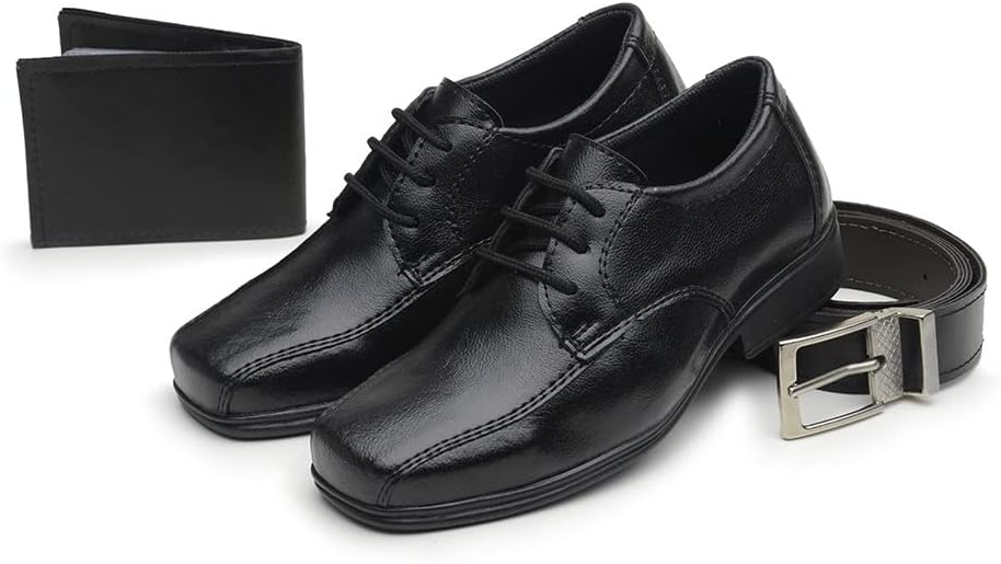 Kit Sapato Social Infantil Menino Solado PVC Cadarço Igreja Evangelico Com Carteira e Cinto Tamanho:35;Cor:Preto;Gênero:Masculino;Departamento BS:Esporte