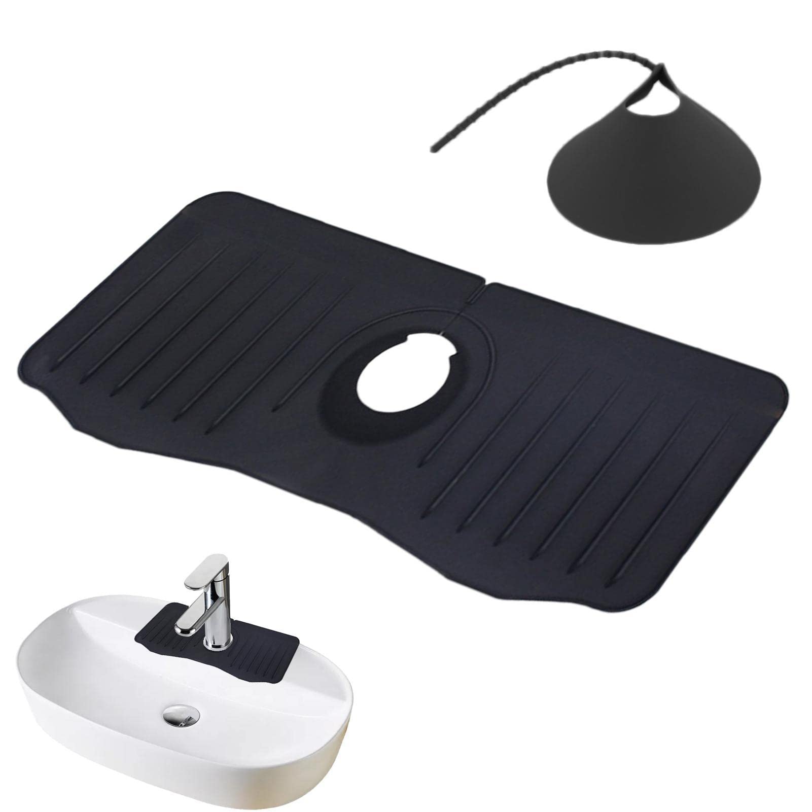Keukenkraan Sink Spatscherm,Siliconen Kraan Water Catcher Mat - Spoelbak Afvoer Pad Achter Kraan,Rubber Droogmat voor Keuken & Badkamer Countertop Protect (zwart