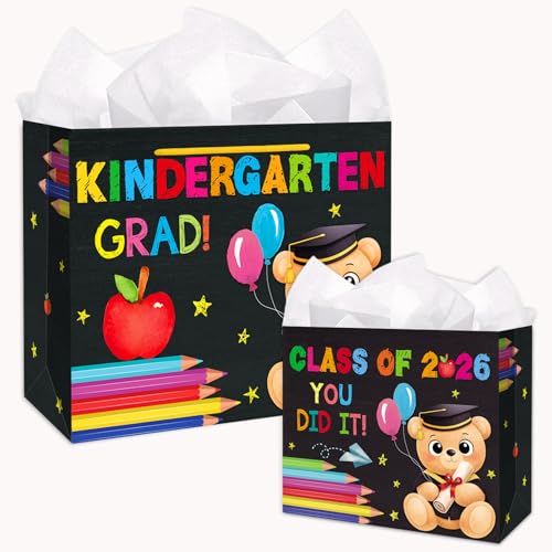 LIJUGITF Kindergarten Graduation Gift Bag 2026, 13" Large Kindergarten Grad Gift Bags for Girls Boys, Congratulations Class of 2026 Kids Graduations Wrapping Paper Bag with Tissue Paper