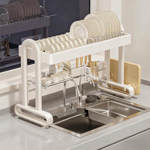 1/2段ステンレススチール製シンク上食器乾燥ラック、床の高さ調節可能、シンク上水切りラック、大容量収納整理ホルダー、キッチンカウンター用食器ラック(White 1,95cm/37.4in)