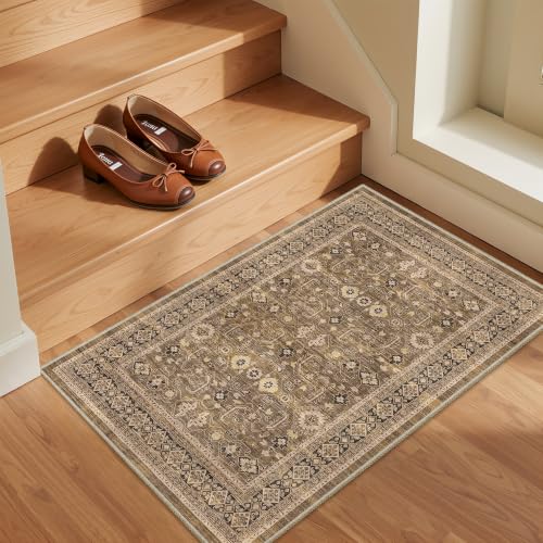 Soalmost 2x3 Area Rugs for Entryway, Washable Neutral Soft Rug Beige/Brown | Vintage Floral Low Pile Non-Slip Throw Rugs, Accent Rug Floral Indoor Mat for Bedside Living Room Kitchen Bedroom 2'x3'