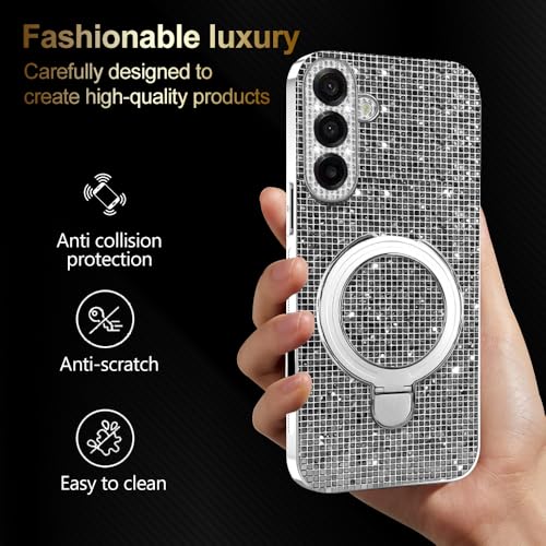 Asuwish Phone Case for Samsung Galaxy A26 5G Magnetic Cell Cover with Tempered Glass Screen Protector and Bling Glitter Heavy Duty Shockproof Protection Ring Hard Holder A 26 26A LTE Women Silver by Asuwish - Image 4