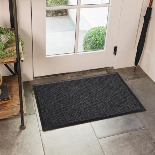 Image of WaterHog Max Diamonds Front Door Mat Indoor Outdoor Entrance, All-Weather Heavy Duty Commercial Doormat, Non-Slip Rubber Backing, Dirt & Moisture Trapper, Low Profile, Made in USA, 24 inchx35 inch Black Smoke