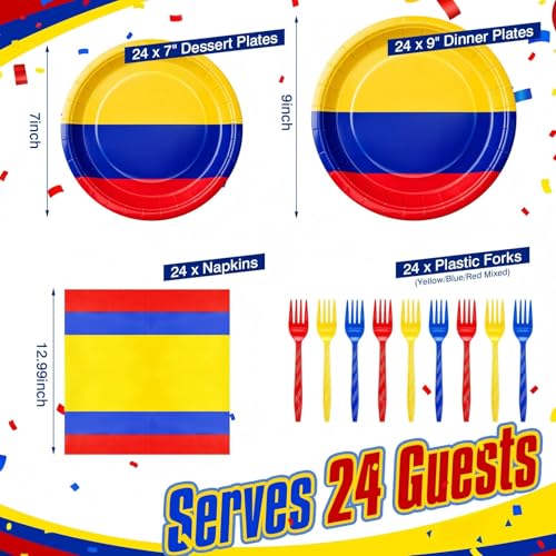 LemonRoad 96 Pcs Colombia Flag Party Supplies for 24 Guests, Colombian Independence Day Decorations Yellow Blue Red Tableware Set 7"/9" Disposable Plates 13"x13" Napkins Forks for Soccer Party Decor by LemonRoad - Used condition - Image 3