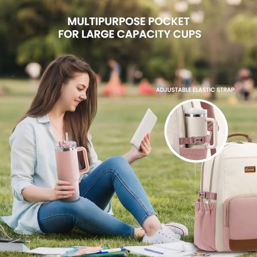 Image of LOVEVOOK Laptop Backpack for Women with Pouch Pocket for Large Capacity Cup,17 Inch Teacher Nurse College Work Backpack Purse,Waterproof Laptop Bag Computer Back Pack for Travel, Beige-Pink-Brown