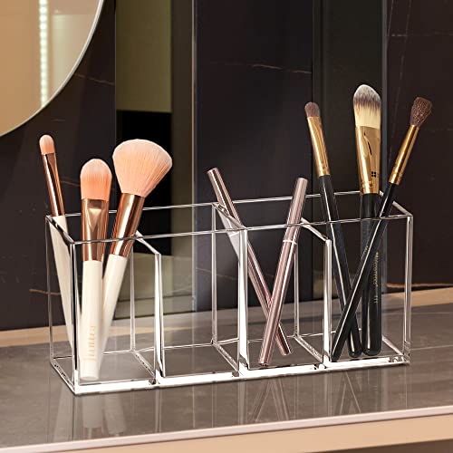 Image of Amazing Abby - Glamour - Acrylic 4-Compartment Makeup Organizer, Transparent Plastic Makeup Brush Holder, Perfect Bathroom Vanity Storage Solution for Makeup Brushes, Eyebrow Pencils, and More